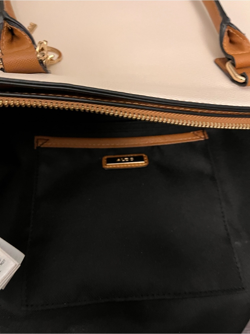 ALDO Colorblock Executive Tote Bag | Cream, Cognac & Black Faux Snakeskin Pocket - Picture 3 of 12
